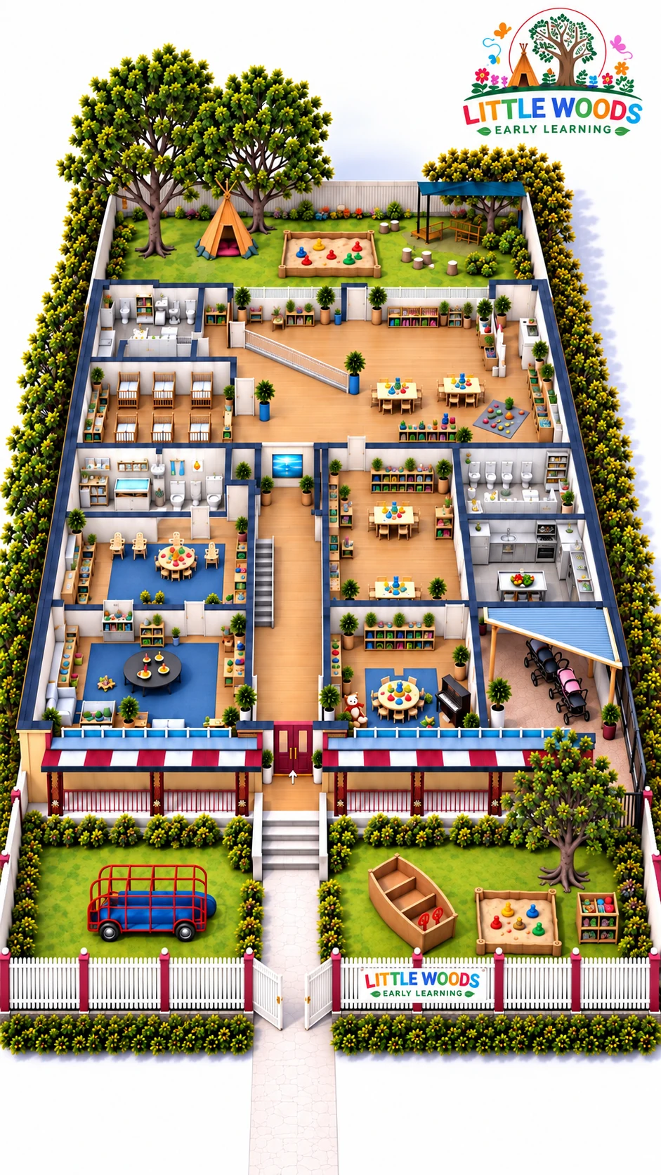 Illustrated overview of the indoor and outdoor environments at Little Woods Early Learning in Glebe