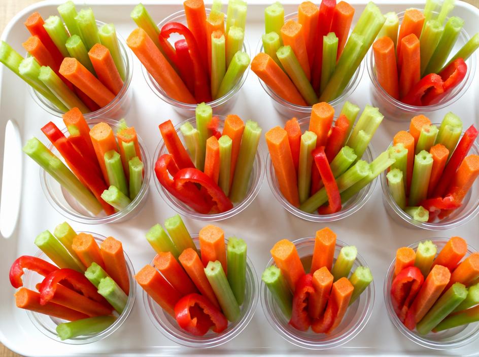Afternoon tea vegetable sticks in cups with carrot, celery and capsicum
