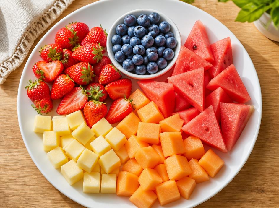 Morning tea fruit platter with strawberries, blueberries, melon and cheese